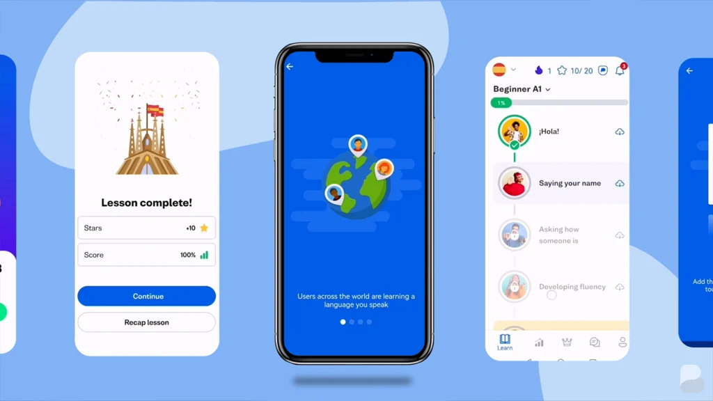 Animated explainer video showing a product walkthrough of a digital language learning platform