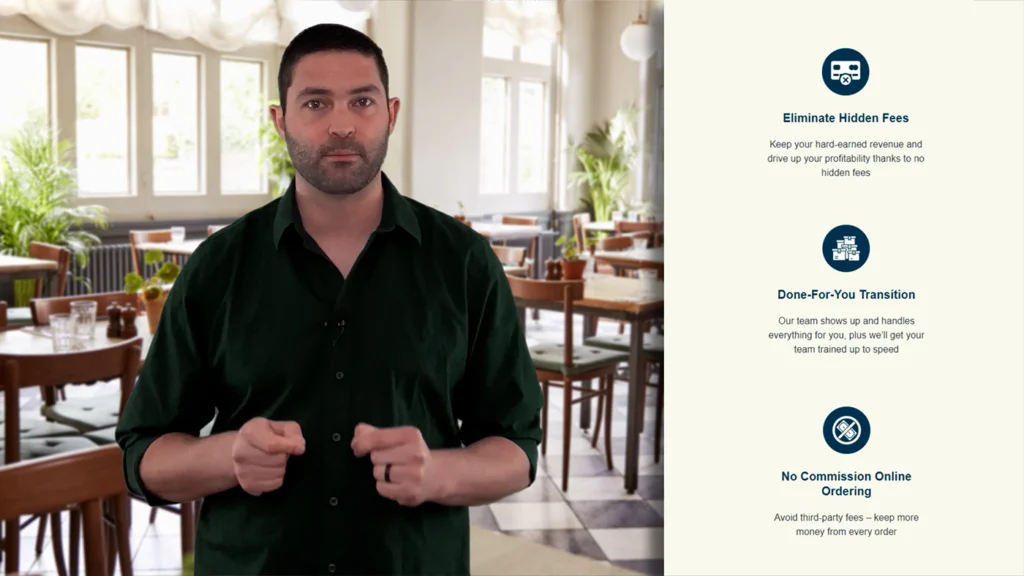 Explainer video featuring a person explaining restaurant POS features including payments, orders, and setup