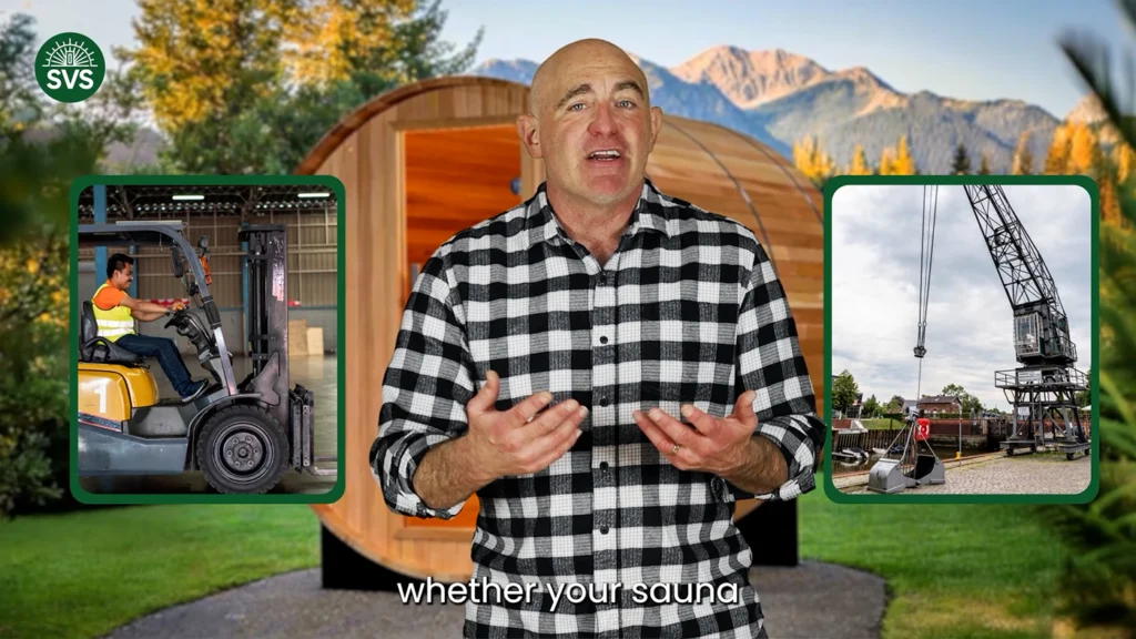 Motion design explainer video with talking head showing how saunas are packaged, shipped, and delivered