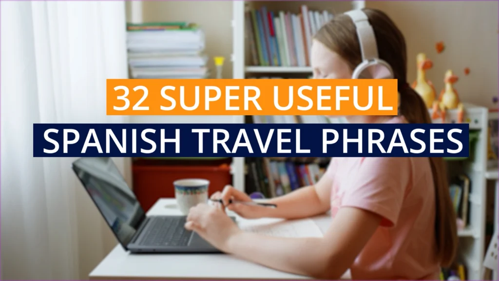 2D motion explainer video teaching Spanish travel phrases with visual examples and fun fact callouts
