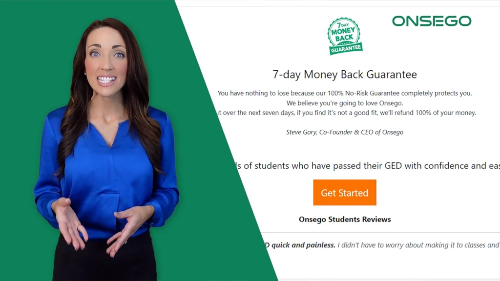 Talking head explainer video showing how users can prepare for the GED test with interactive lessons and demos