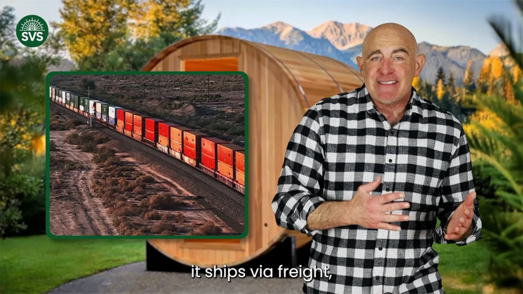 Explainer video featuring a talking head describing the sauna shipping and delivery process